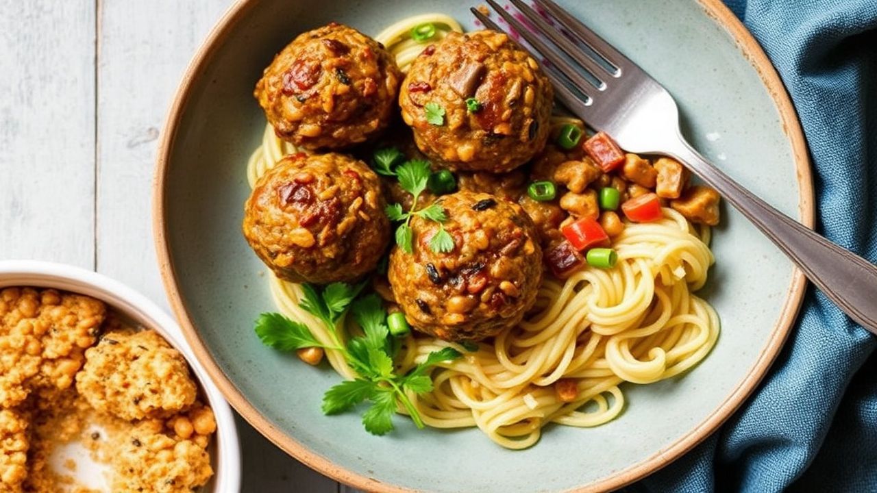 كرات لينتل ومشروم نباتية شهيّة “Meatballs” غنية ولذيذة تُقدَّم ساخنة في طبق.