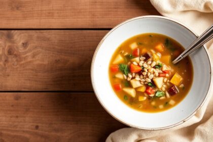 شوربة خضار وشعير دافئة وشهية، غذاء مريح مليء بالعناصر الغذائية في وعاء.