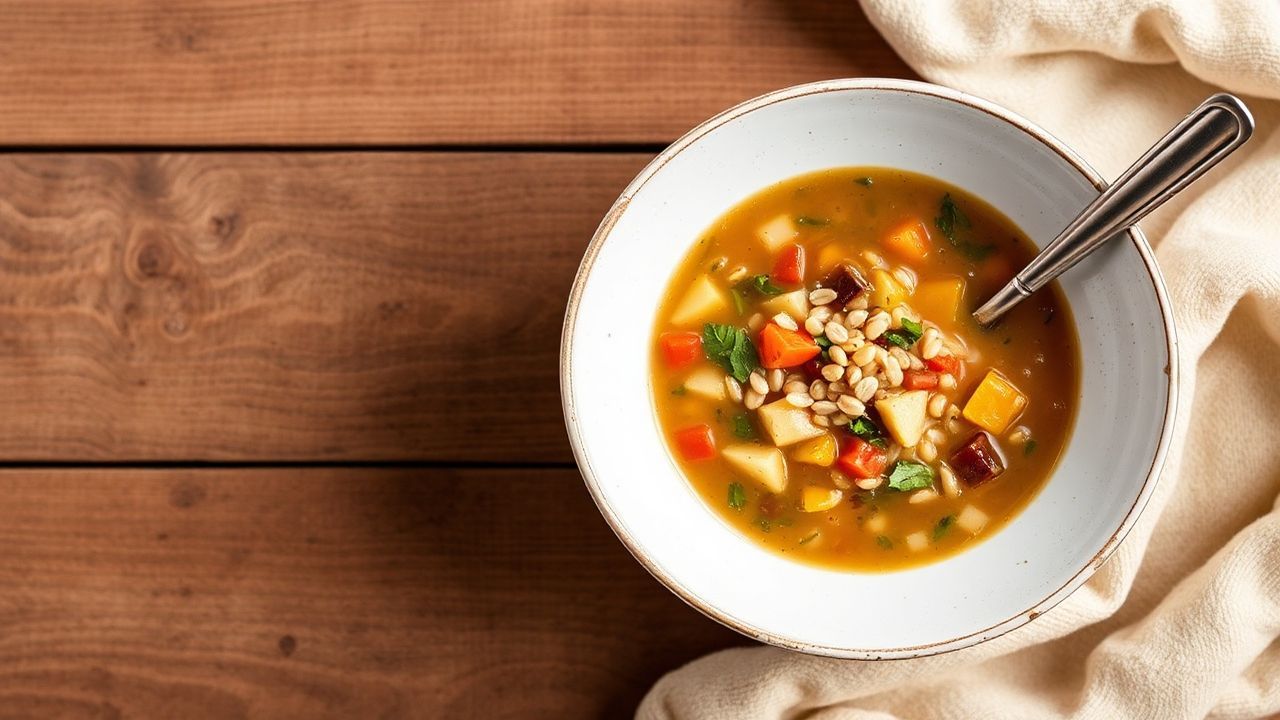 شوربة خضار وشعير دافئة وشهية، غذاء مريح مليء بالعناصر الغذائية في وعاء.