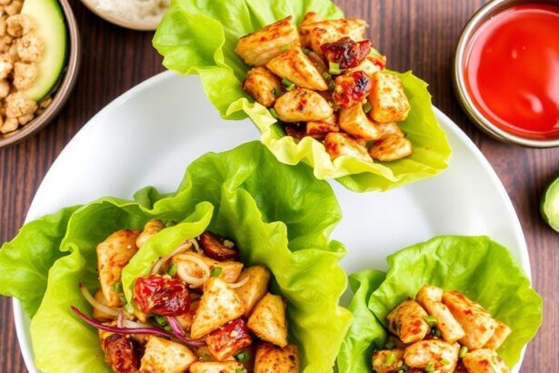 يلتف دجاج آسيوي مقرمش داخل ورق خس طازج لباقة نكهات.