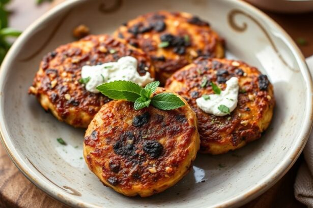 يوضح وصفة لحَمّ مشوي بالميّة والنعناع مع فِتَة بطلّية مقلية شهية.