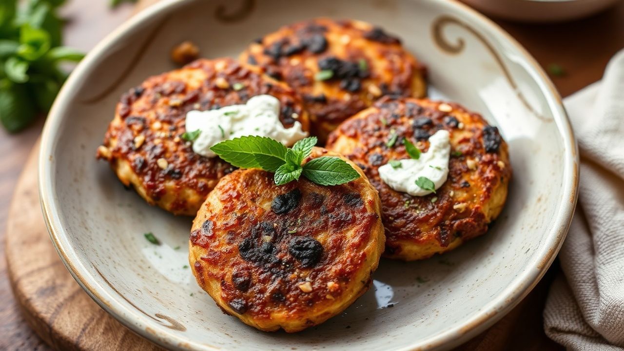 يوضح وصفة لحَمّ مشوي بالميّة والنعناع مع فِتَة بطلّية مقلية شهية.