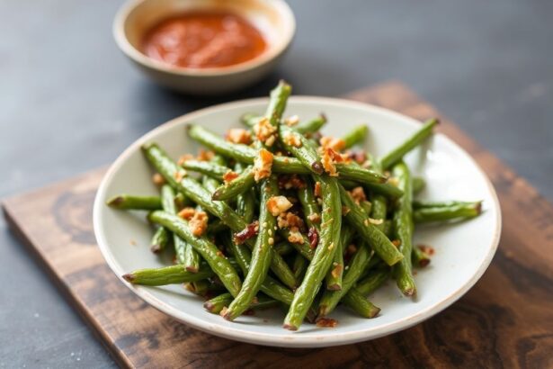 براعم فاصوليا خضراء مقلية جافة مقرمشة مع صوص جليز شهيSavory glaze غني.