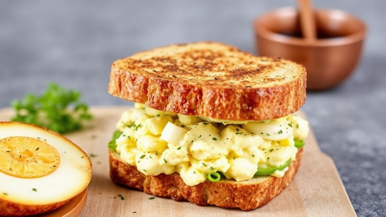 سندويتش سلطة البيض الكلاسيكية بخبز محمص، قوام كريمي ونكهات خالدة في لقطة شهية، .