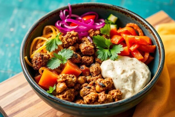 وعاء شاورما نباتي مليء بالنكهات مع صوص طحينة كريمي ودجاج بديل، يقدم بشكل جذاب