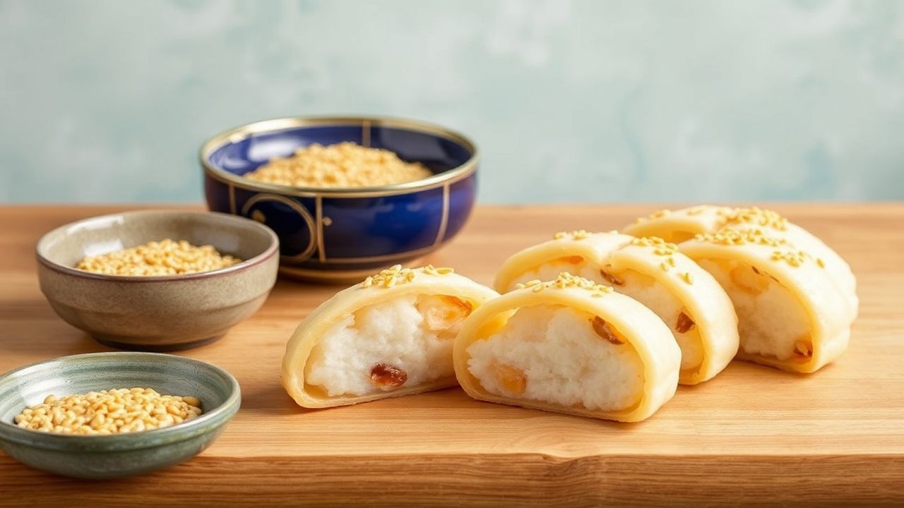 songpyeon لذيذة مع حلاوة الأرز الحلو ورشّ السمسم، أطباق كورية تقليدية شهية