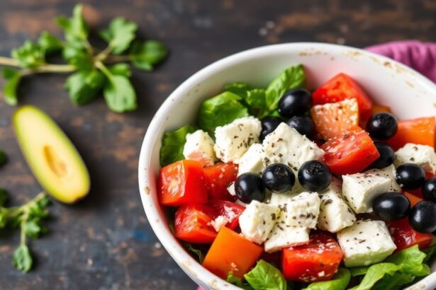 وعاء سلطة يونانية صحية مع كوسكوسة وجبن قريش كريمي، لمسة طازجة مبتكرة.