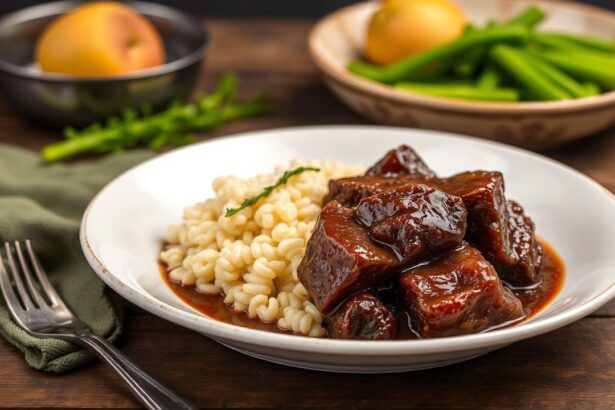 لحم بقري طري ومغمر في صوص حلو داكن غني ورائع، شهي ومتكامل المذاق