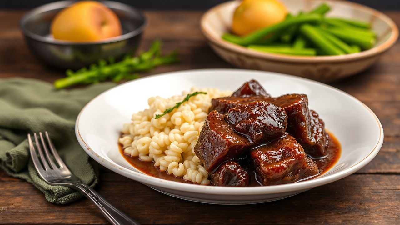 لحم بقري طري ومغمر في صوص حلو داكن غني ورائع، شهي ومتكامل المذاق