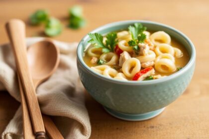 شوربة “الدجاج” النباتية بالكريز الخضري والنوودلز مع براعم الصويا الدافئة