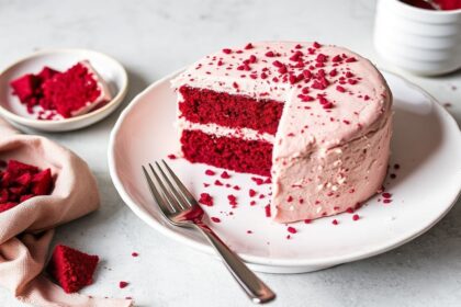 كيك آيس كريم ريد فيلفيت فاخر بلون أحمر مخملي وكريمة ناعمة، لمسة decadent.