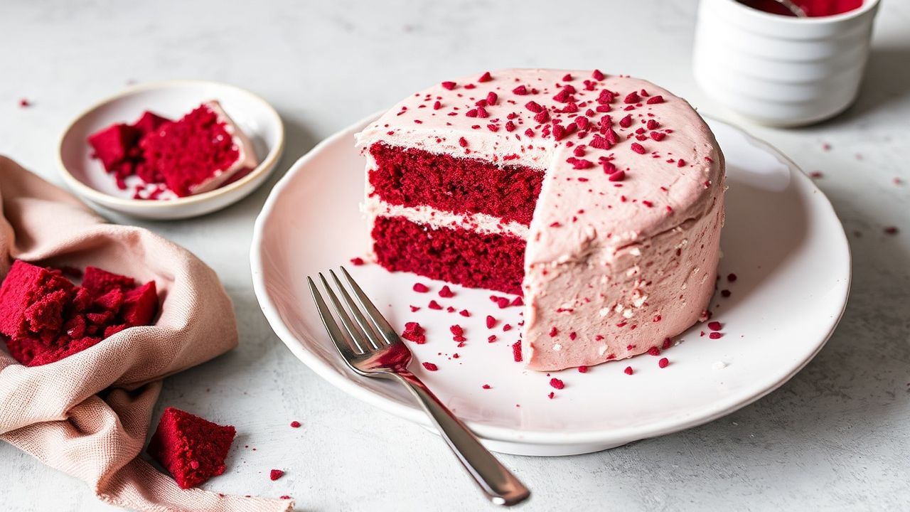 كيك آيس كريم ريد فيلفيت فاخر بلون أحمر مخملي وكريمة ناعمة، لمسة decadent.