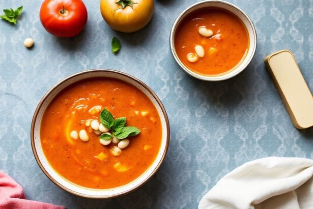 شوربة طماطم نباتية كريمية مع فاصوليا بيضاء مخملية الملمس، دافئة ولذيذة.