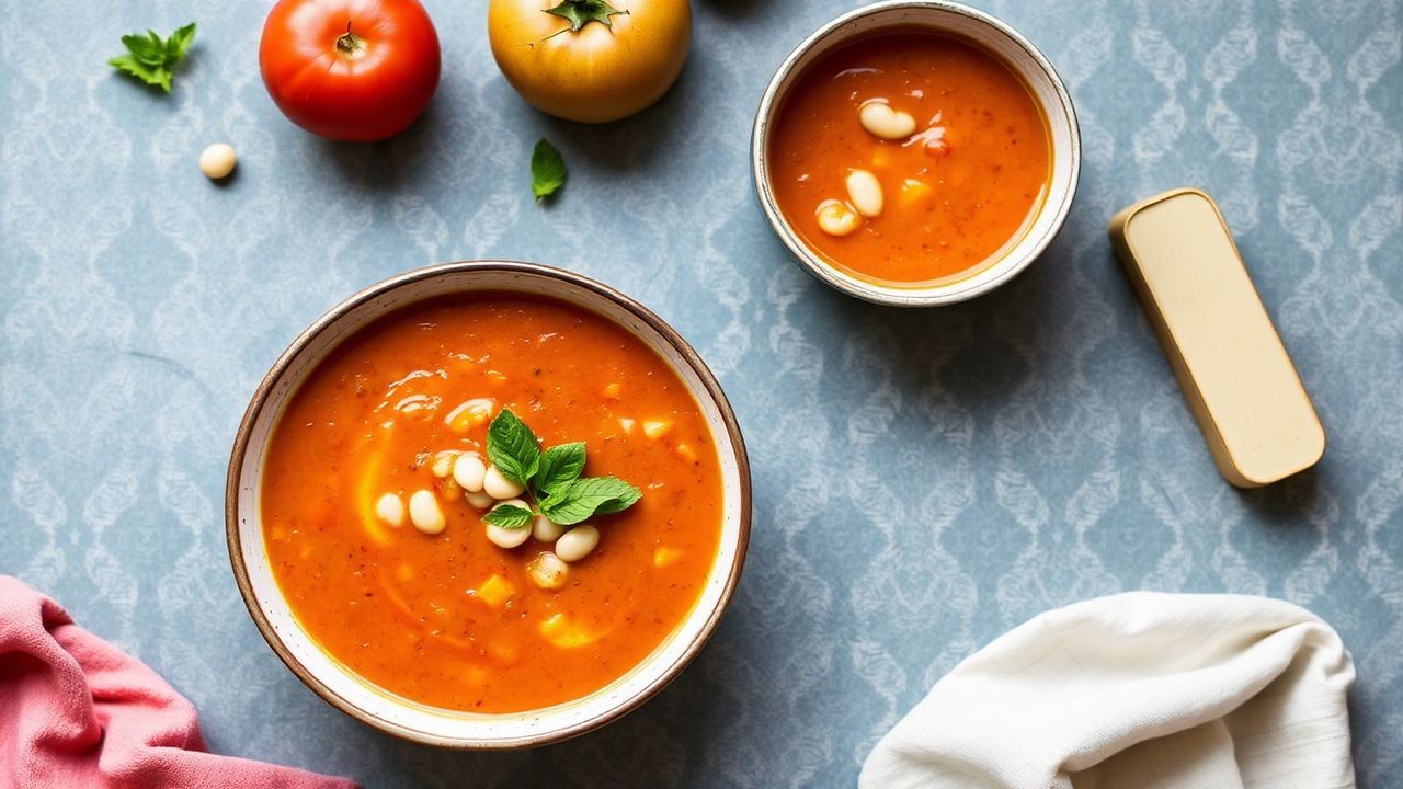 شوربة طماطم نباتية كريمية مع فاصوليا بيضاء مخملية الملمس، دافئة ولذيذة.