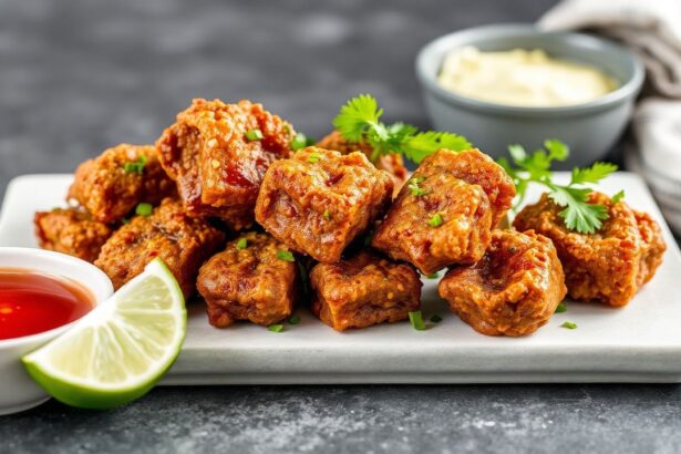 قطع لحم متبلة بالليمون مالح قِرمزية، لذيذة ومقرمشة بشكل زاهي، لقمة لذيذة.