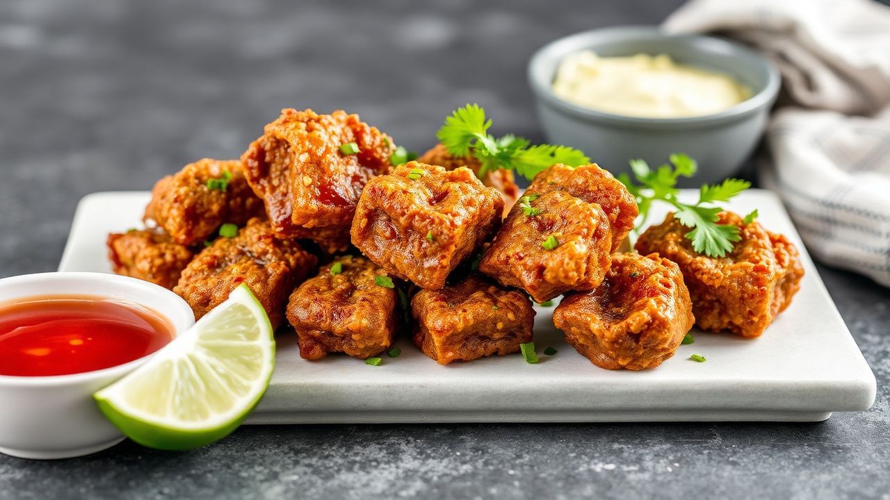 قطع لحم متبلة بالليمون مالح قِرمزية، لذيذة ومقرمشة بشكل زاهي، لقمة لذيذة.