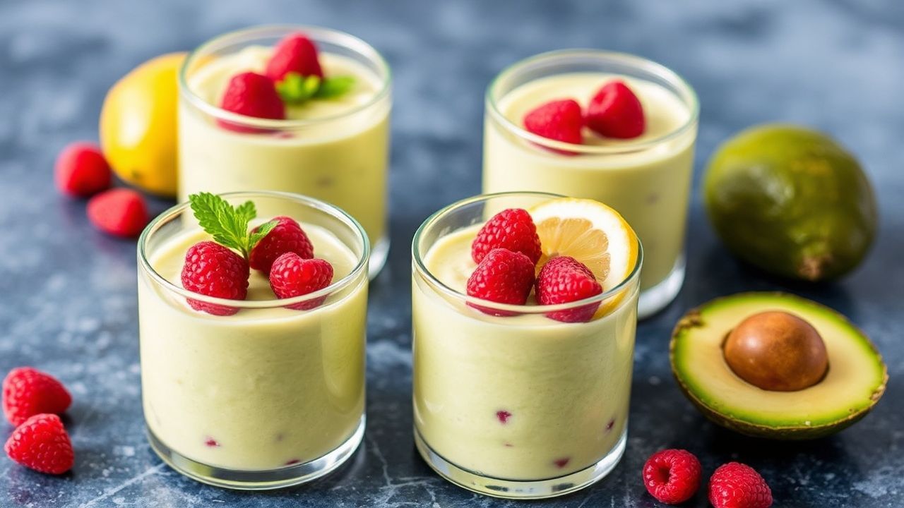 موسى أفوكادو بالليمون والتوت الأزرقة بنكهة منعشة وكريمية، لمسة زesty lemon وraspberry