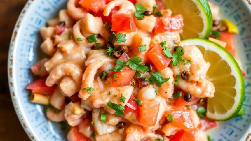 طبق سيفيتشي بيروفي زِستي مع تلاپيا طازجة وألوان نابضة، يُبرز نكهاتها في كل لقطة.