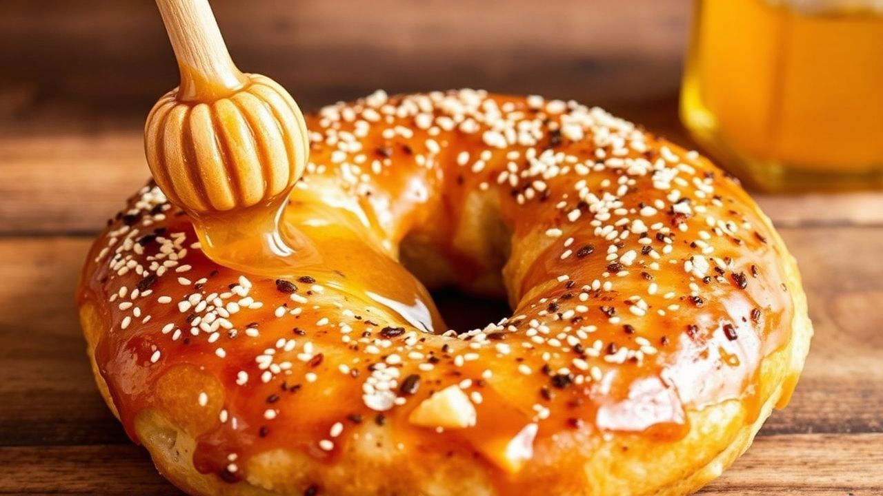 باغيل مطاطي محلى بالعسل الذهبي، يلمع بلون كهرماني شهّي في خبز طازج