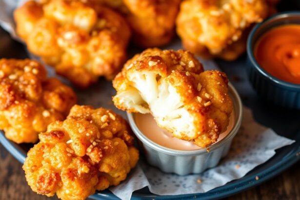 أجنحة قرنبيط نباتية مقرمشة بنكهة بافلو الحارة على صحن مع صوص حار، لذيذة.