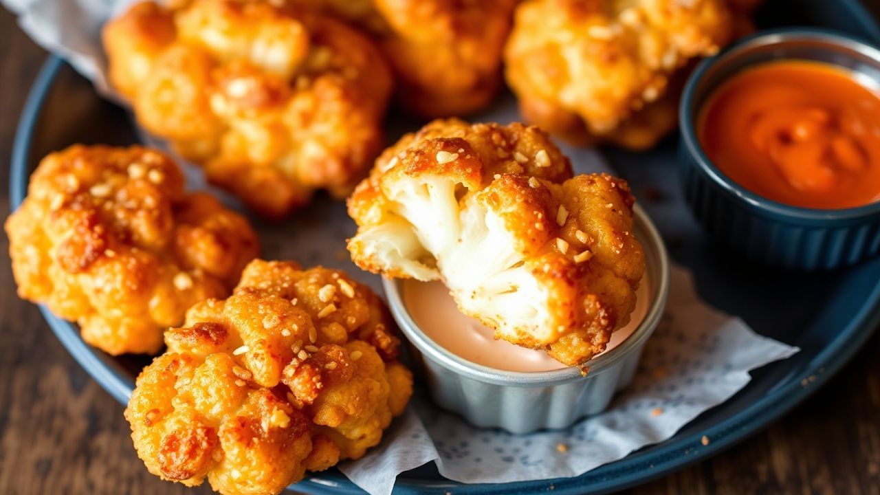 أجنحة قرنبيط نباتية مقرمشة بنكهة بافلو الحارة على صحن مع صوص حار، لذيذة.