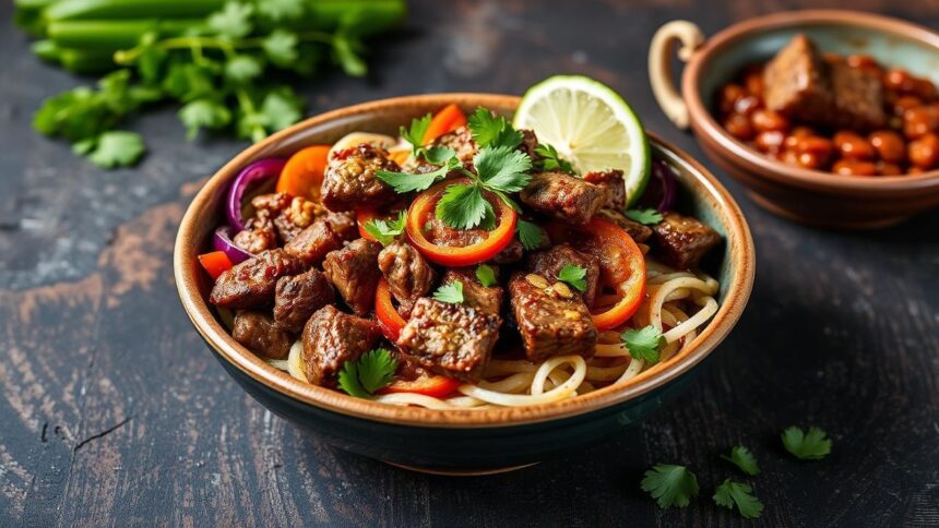 وعاء فاهيتا اللحم المشوي مع خضار ملونة وأرز، نكهة لا تُقاوم للعنوان.