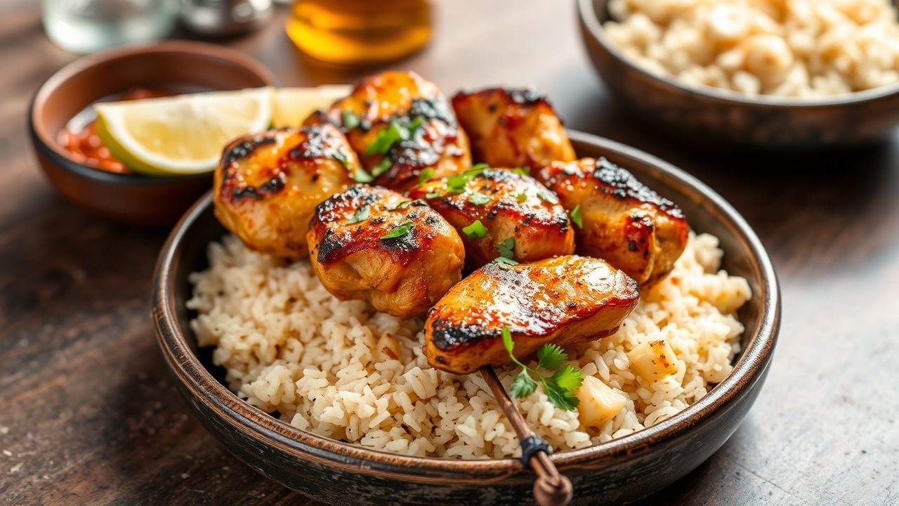 صحن كباب دجاج تركي مشوي مع أرز برياني لذيذ، يقدم بجانب عصير ورق سبانخ.