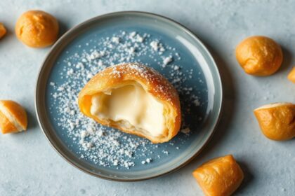 لقمة ذهبية مقرمشة من العجين المقلي، محشية بحلاوة الجبن—أفضل إبداعات Golden Fried Dough Delights.