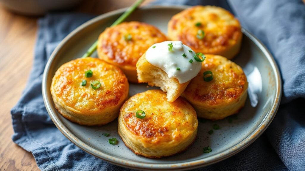 Golden crispy potato cakes served with toppings