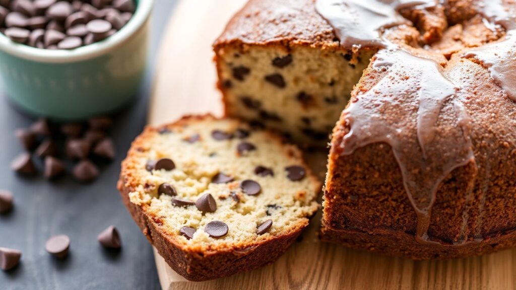 Chocolate chip pound cake loaf slices showing chocolate pockets