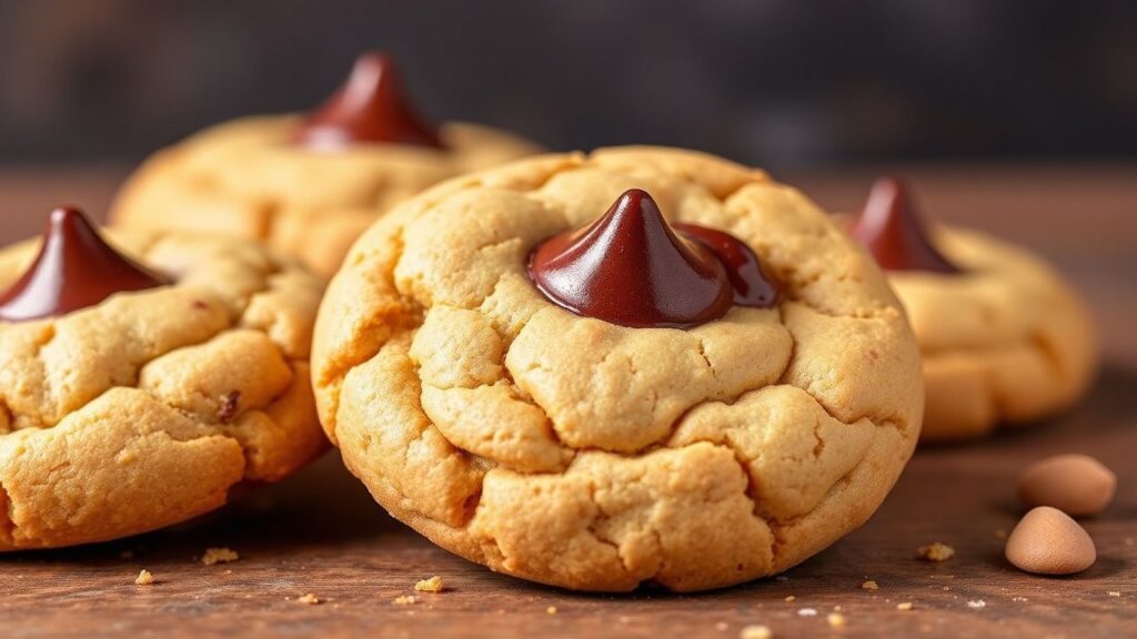 Baked vegan peanut butter blossom cookies with chocolate centers