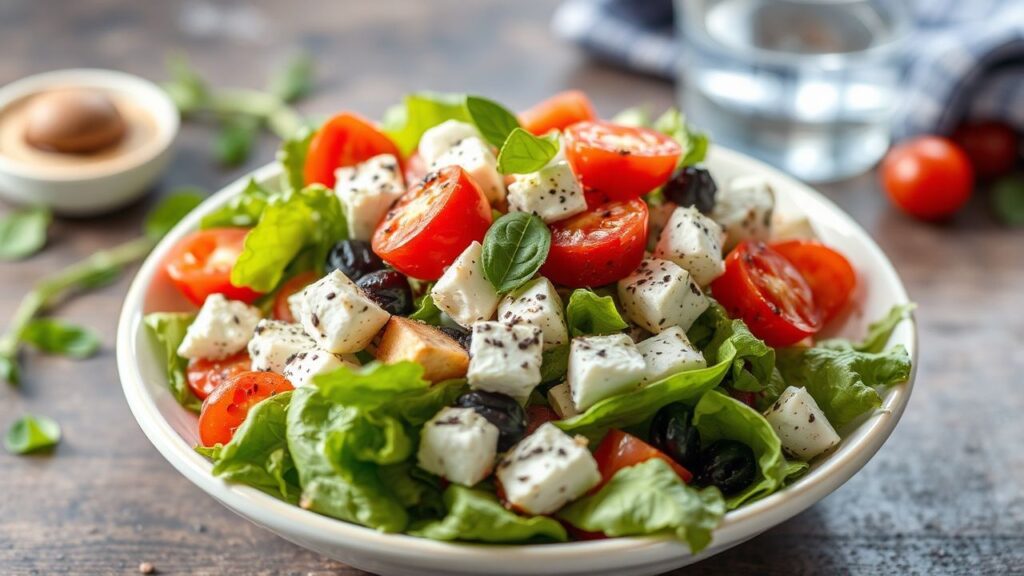 Greek-style low-carb salad with cucumber, tomatoes, olives, and feta