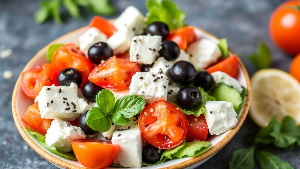 Step-by-step low-carb Greek salad ingredients arranged for mixing