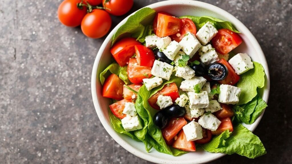 Low-carb Greek salad serving idea with herbs and olive oil dressing