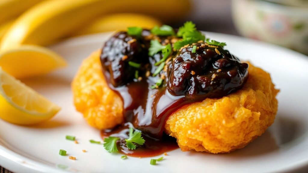 Rellenito con relleno de frijoles negros y plátano macho frito, receta tradicional