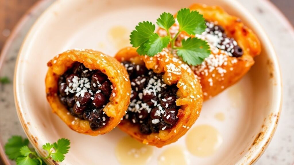 Rellenitos negros con plátano macho fritos, parte de un plato de cocina centroamericana