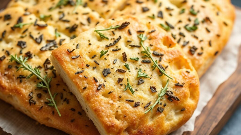 Herbed Italian focaccia with rosemary and olive oil on a serving table