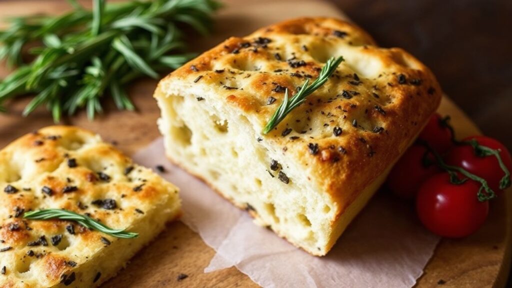 Warm focaccia slices with herb topping and olive oil drizzle