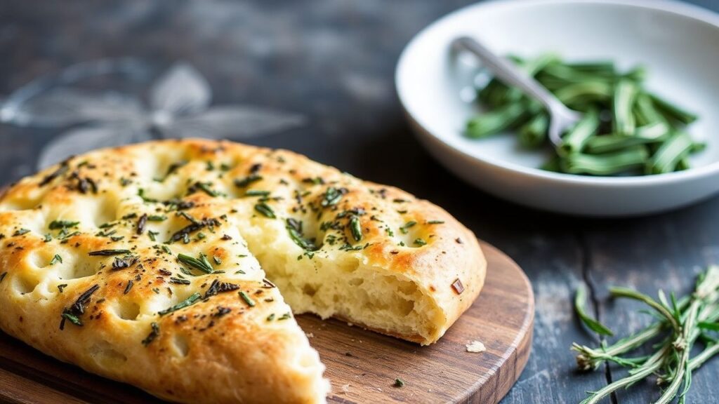 Herbed focaccia loaf with rosemary and oregano ready to serve