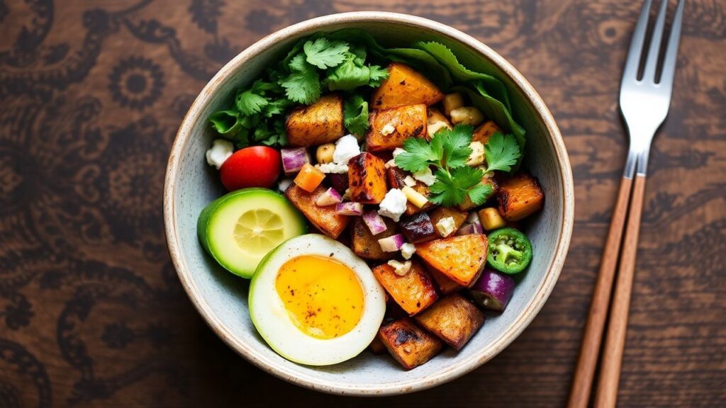 Sweet Potato Buddha Bowl with roasted sweet potatoes, vegetables, and plant proteins