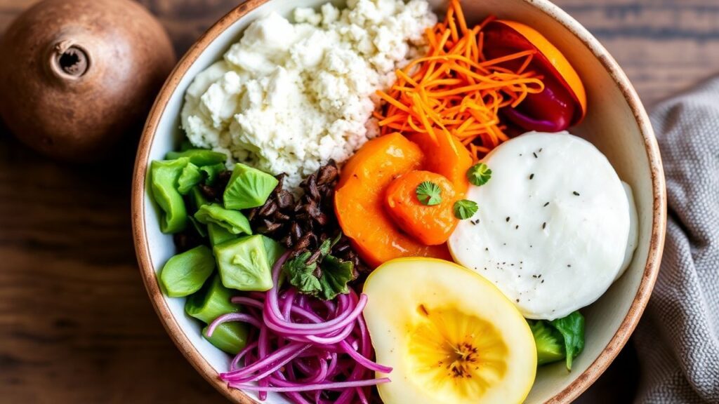 Colorful Buddha bowl with roasted sweet potatoes and fresh toppings
