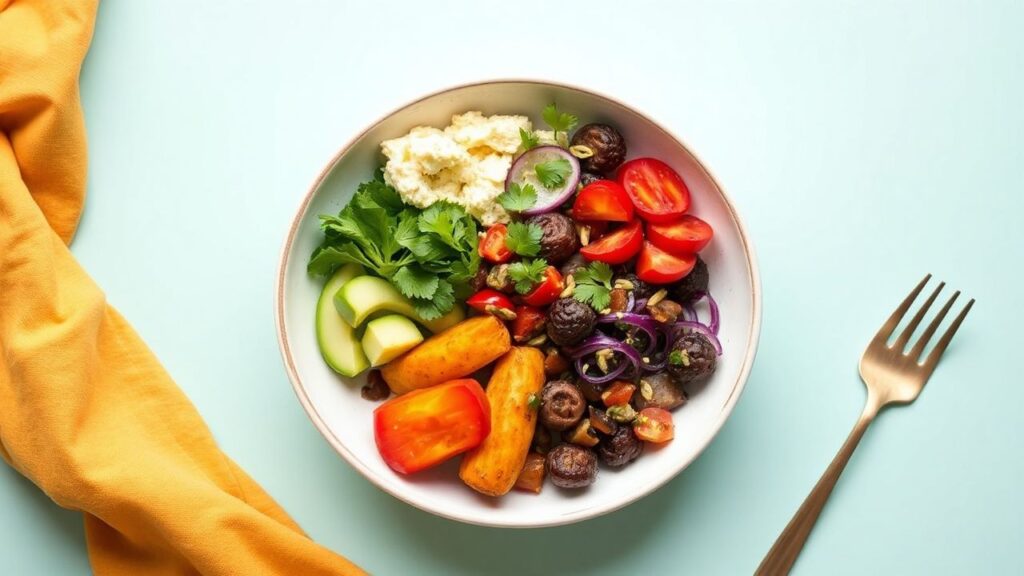 Sweet potato bowl composition with colorful toppings