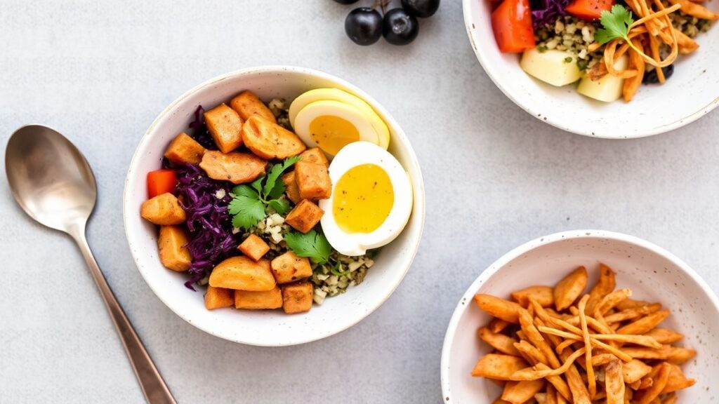Sweet Potato Buddha Bowl ready to serve with fresh toppings