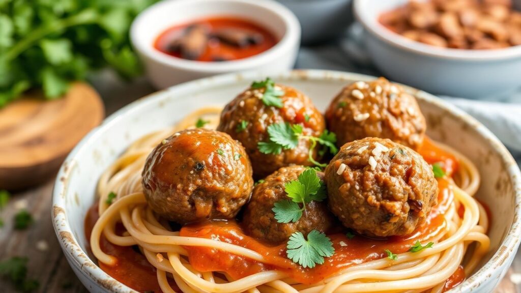 كرات لحم نباتية من العدس والفطر، دسمة ومُشبعة، تُقدم مع صلصة غنية ودافئة، سحر مريح في كل لقمة