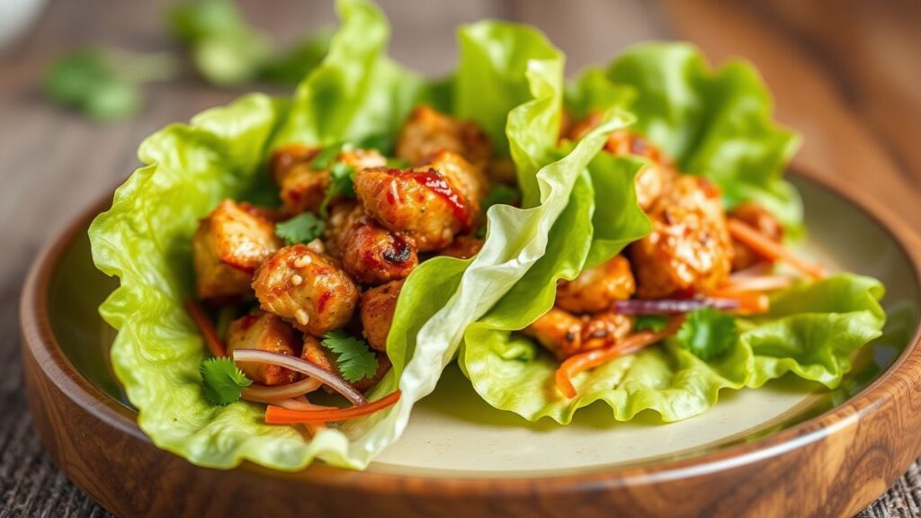 لفائف خس مقرمشة بالدجاج الآسيوي مع حشوة نكهة مميزة في تجربة طعام fresh وتقدم شهية