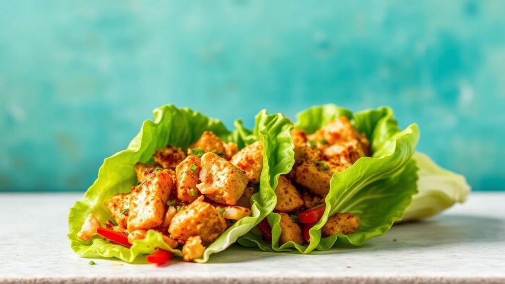 لفافات دجاج آسيوي مقرمش على أوراق خس طازجة، مع نكهات حيوية ونكهة حارة عند it يأتي—مذهلة جدًا