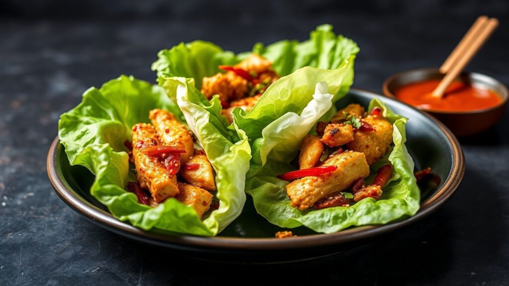 لفافات دجاج آسيوي مقرمش على أوراق خس طازجة، مع نكهات حيوية ونكهة حارة عند it يأتي—مذهلة جدًا