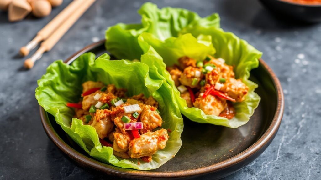 لفافات دجاج آسيوي مقرمش على أوراق خس طازجة، مع نكهات حيوية ونكهة حارة عند it يأتي—مذهلة جدًا