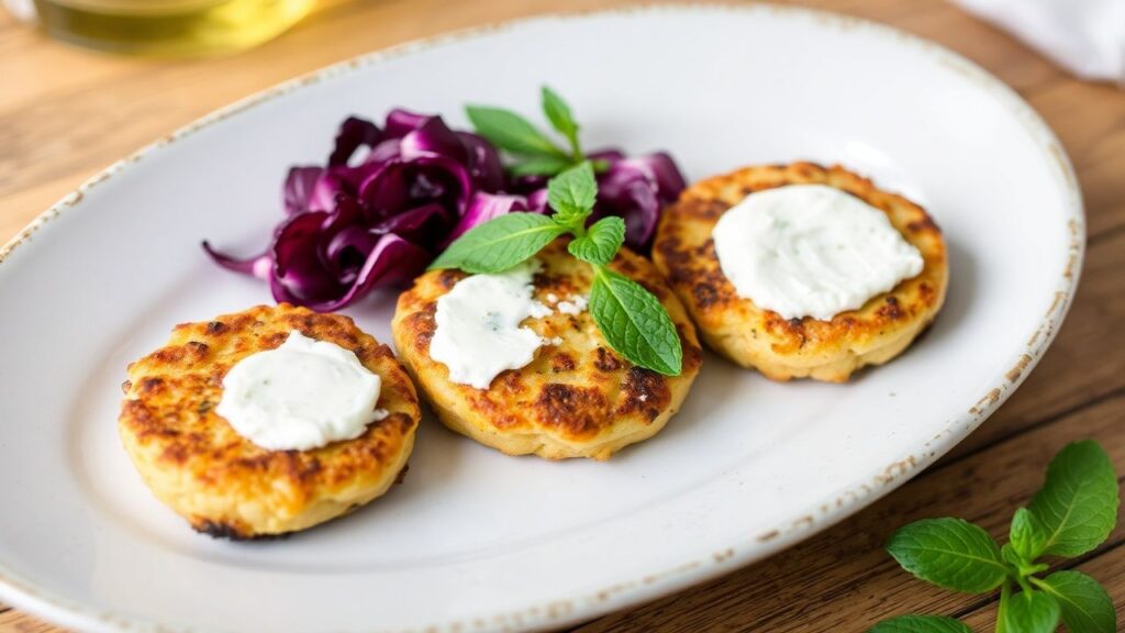 تتبيل لحم الضأن المفروم مع فِيتا ونعناع طازج، يقلى ويُفور على مقلاة ساخنة.