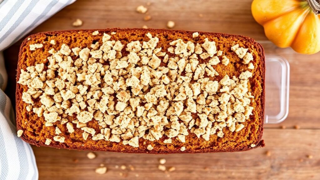 Crunchy streusel topping on gluten-free pumpkin bread